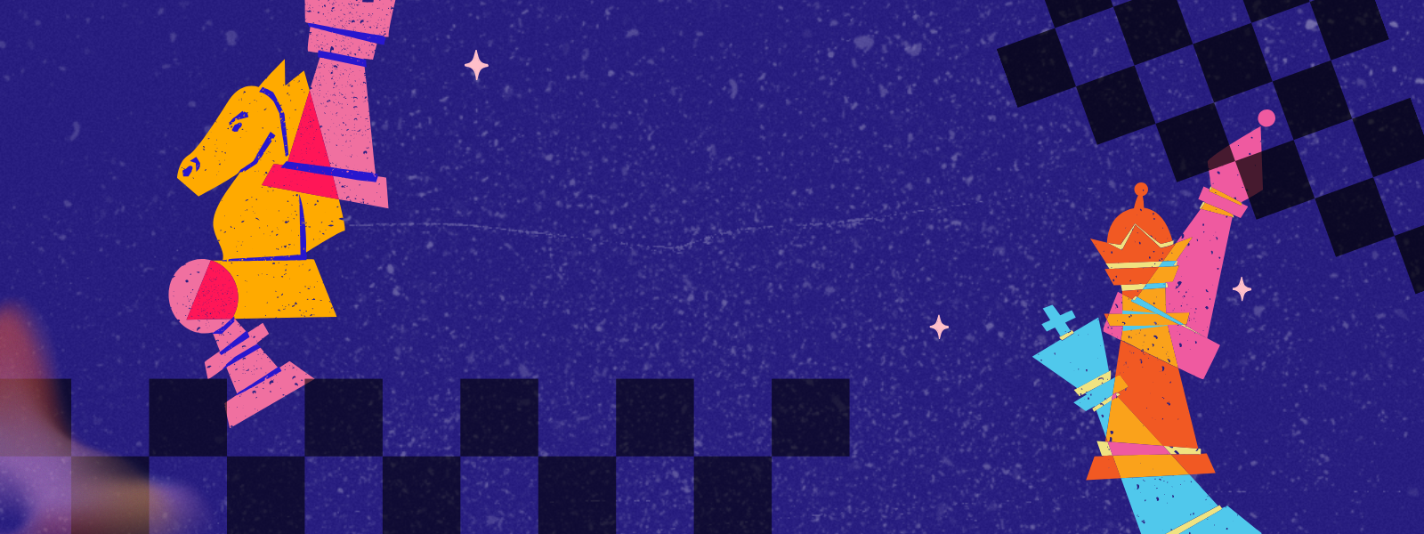 Abstract chess scene with colorful knight and king pieces on a speckled purple background. Checkered patterns and stars add a whimsical, strategic feel.