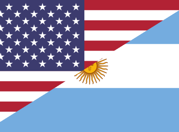 A split image of the U.S. flag and Argentine flag, diagonally merging at the center. An emblem with a sun is visible where they intersect, symbolizing unity.