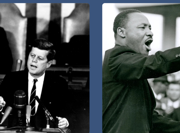 Black and white photos of two men giving passionate speeches. Left: A man in a suit speaking at a podium. Right: Another man gesturing intensely at a mic.