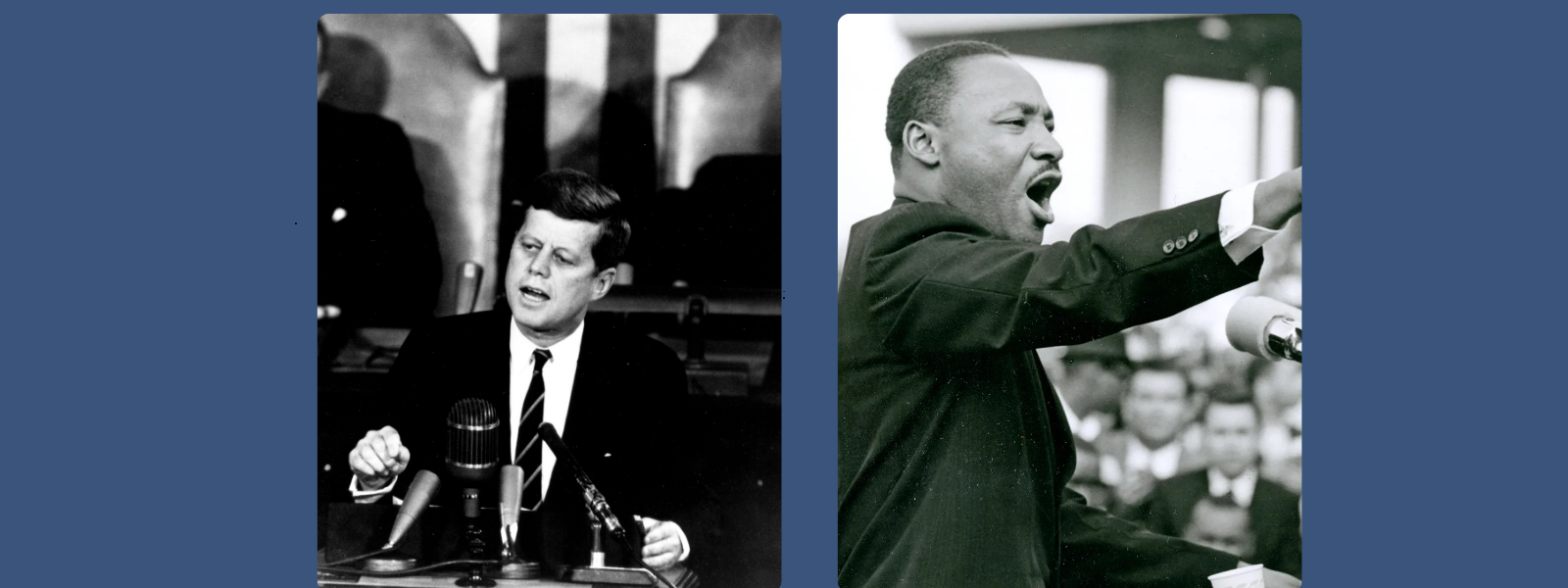Black and white photos of two men giving passionate speeches. Left: A man in a suit speaking at a podium. Right: Another man gesturing intensely at a mic.