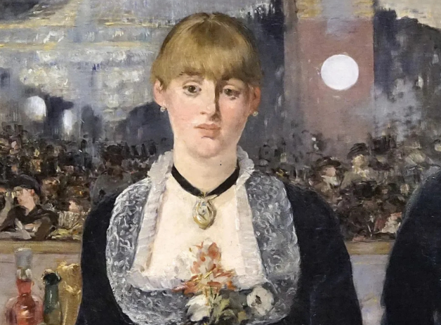 A woman stands at a bar holding flowers, with a somber expression. A mirror behind reflects the bustling café and patrons, creating a lively atmosphere.