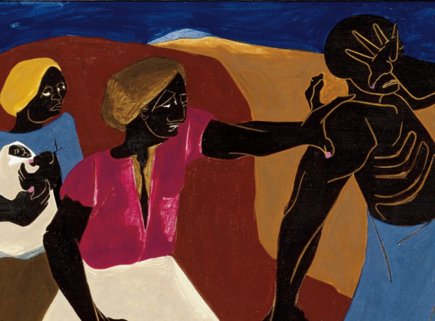 A group of five figures in a stylized, vibrant scene. Three women, one holding a child, walk assertively, while another gestures forward, suggesting strength and determination.
