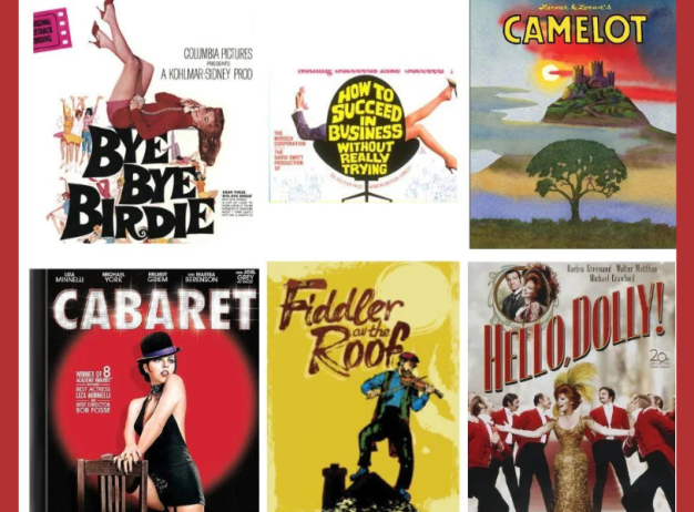 Collage of six vintage musical posters: "Bye Bye Birdie," "How to Succeed in Business," "Camelot," "Cabaret," "Fiddler on the Roof," "Hello, Dolly!"