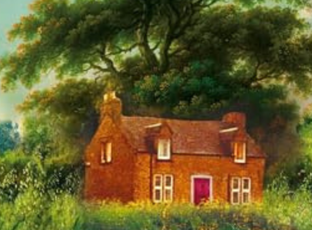 Cover image for "Broken Country" shows a quaint red-brick house amid lush greenery, under a large tree and a blue sky with birds, evoking tranquility.