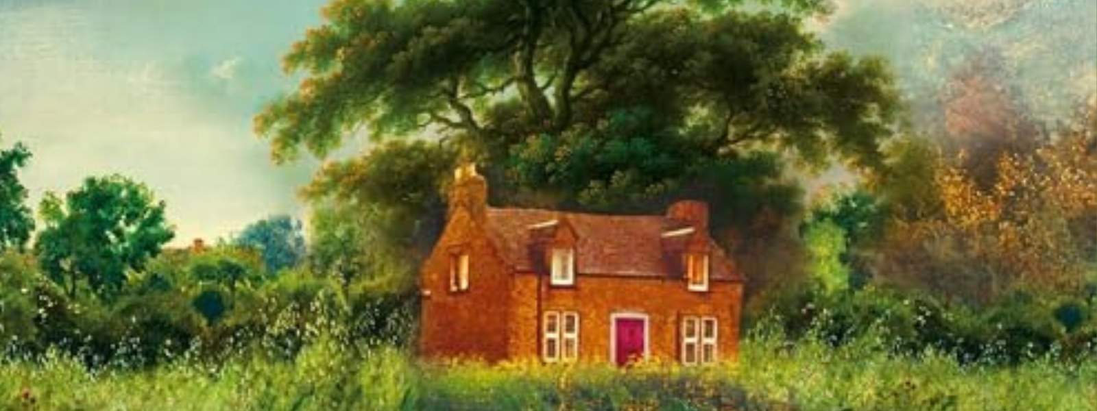 Cover image for "Broken Country" shows a quaint red-brick house amid lush greenery, under a large tree and a blue sky with birds, evoking tranquility.