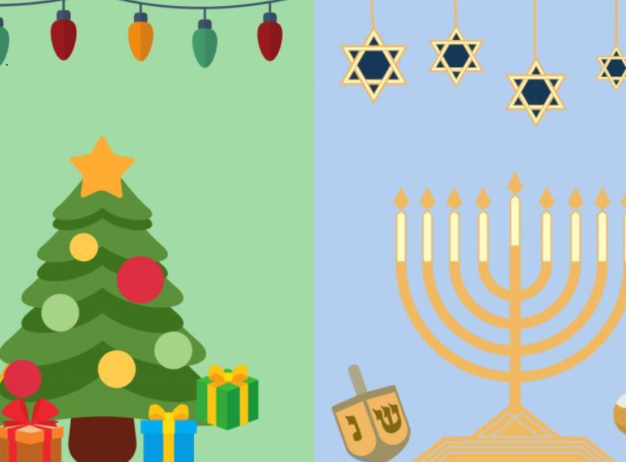 Illustration split in half: Christmas tree with lights and gifts on the left; menorah, Star of David, dreidel, and sufganiyot on the right, symbolizing holiday celebrations.