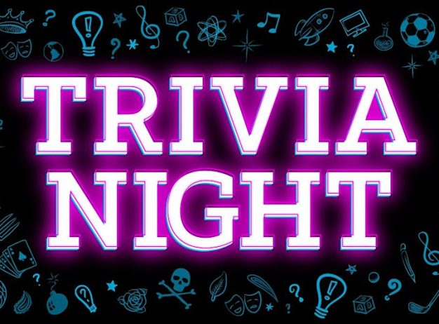 Neon purple "Trivia Night" text is centered on a black background, surrounded by doodles of icons like a light bulb and musical notes, creating a fun, engaging vibe.