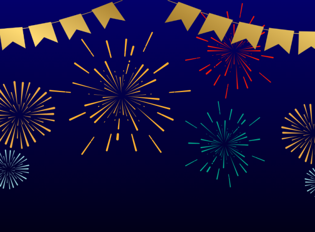 Festive fireworks in red, yellow, and blue burst against a dark blue night sky. Gold bunting hangs above, creating a celebratory and joyful atmosphere.
