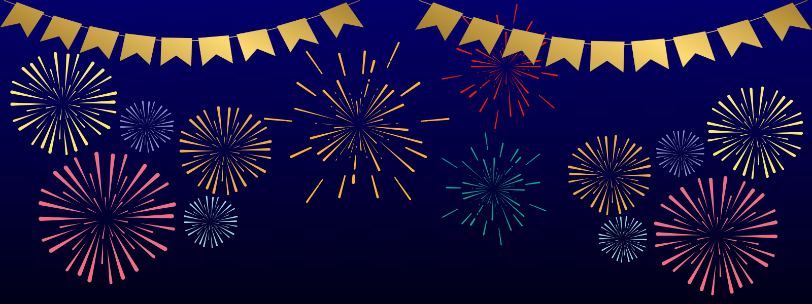 Festive fireworks in red, yellow, and blue burst against a dark blue night sky. Gold bunting hangs above, creating a celebratory and joyful atmosphere.