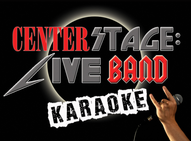 Alt text: "Bold text reads 'Center Stage: Live Band Karaoke' over a dark background with a spotlight effect. A hand holds a microphone, striking a rock gesture."