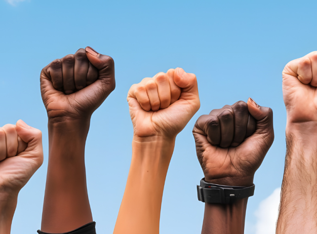 Diverse group of raised fists against a clear blue sky, symbolizing unity and solidarity. The image conveys a tone of empowerment and collective strength.