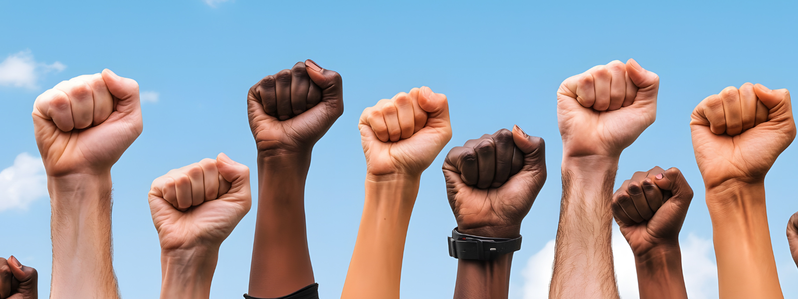 Diverse group of raised fists against a clear blue sky, symbolizing unity and solidarity. The image conveys a tone of empowerment and collective strength.