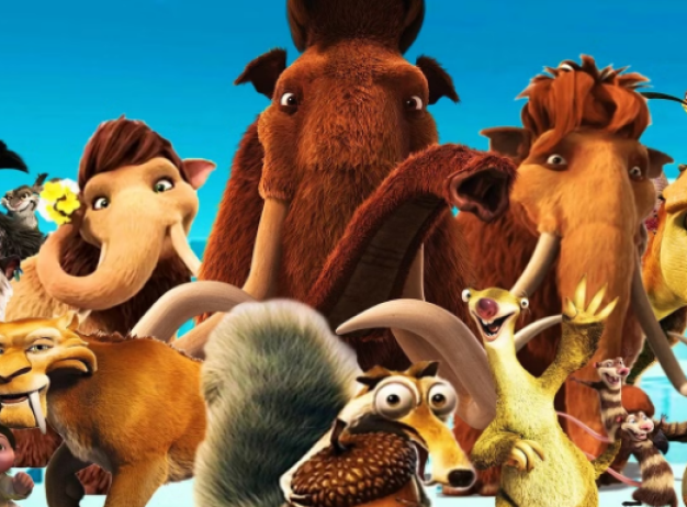 A group of animated Ice Age animals, including mammoths, sloths, and saber-toothed tigers, gather excitedly under a bright blue sky.