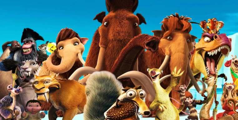 A group of animated Ice Age animals, including mammoths, sloths, and saber-toothed tigers, gather excitedly under a bright blue sky.