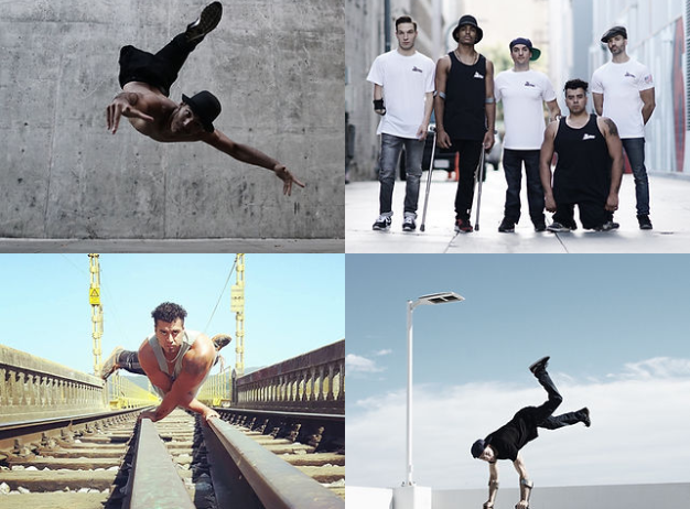 A dynamic collage of breakdancing and parkour, featuring gravity-defying moves and urban settings. Includes dancers in action and a group portrait. Energetic and bold.