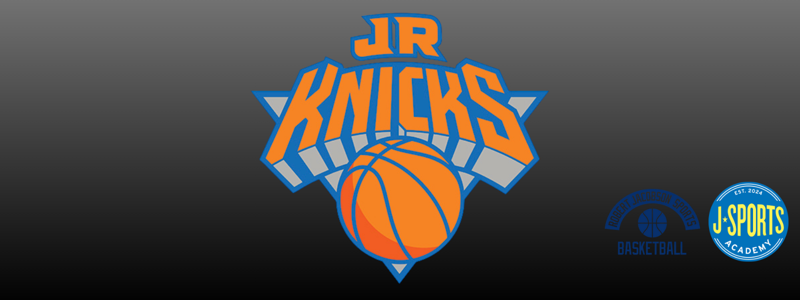 Logo for Jr. Knicks basketball in orange and blue, featuring a stylized basketball. Nearby is a circular J-Sports Academy logo on a dark gradient background.