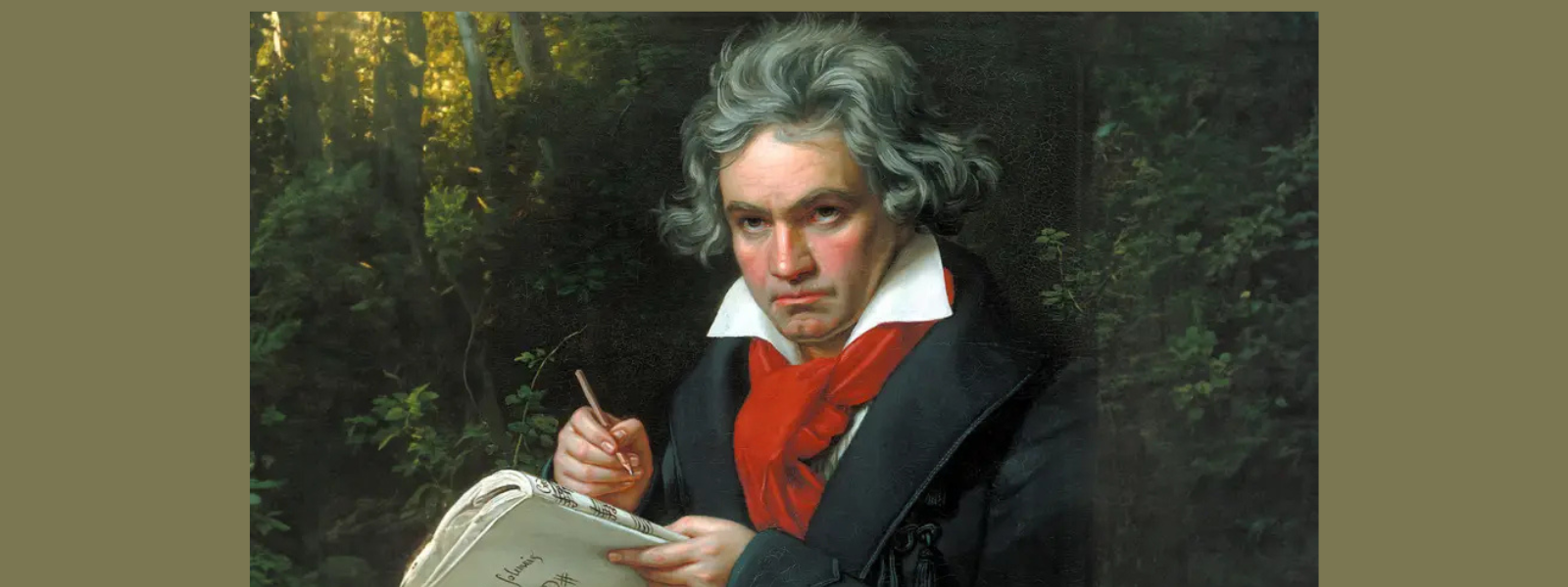 Portrait of a man with gray hair, wearing a dark coat and red scarf, holding a pen over a music sheet. He is set against a leafy, wooded background.