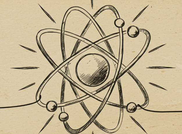 Hand-drawn atom illustration on beige background, featuring a central nucleus with orbiting electrons, conveying a scientific and retro feel.