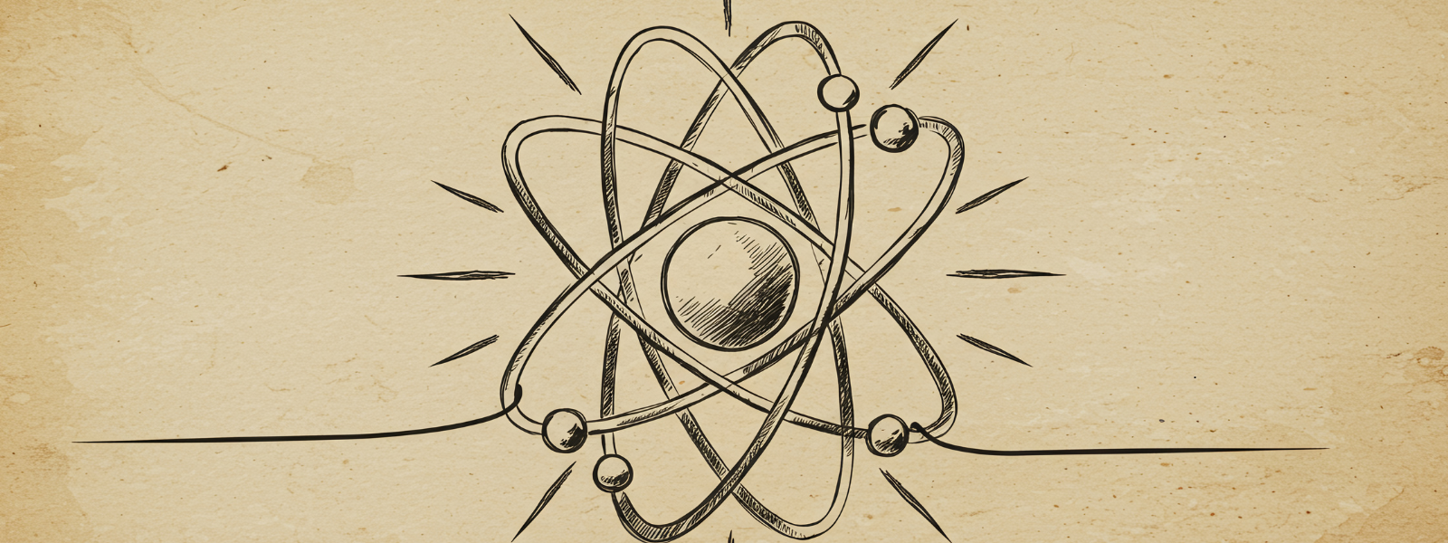 Hand-drawn atom illustration on beige background, featuring a central nucleus with orbiting electrons, conveying a scientific and retro feel.