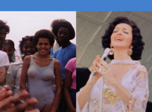 Crowd cheering on the left with a smiling young man in a white shirt. On the right, two women in floral dresses sing passionately on stage. Joyful atmosphere.
