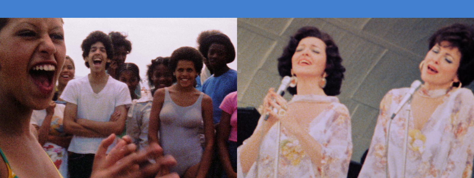 Crowd cheering on the left with a smiling young man in a white shirt. On the right, two women in floral dresses sing passionately on stage. Joyful atmosphere.