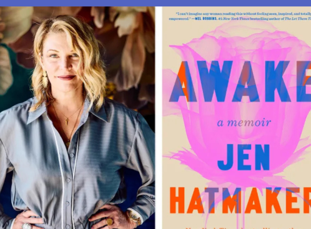Portrait of a person with wavy blonde hair in a gray blouse next to a colorful book cover titled "Awake: A Memoir" by Jen Hatmaker, with vibrant pink and orange text on a soft background.