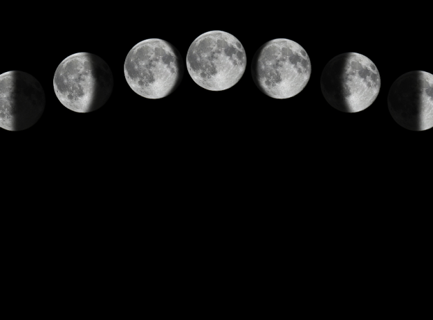 A sequence of lunar phases arranged in an arc against a black background, showing the transition from full moon to new moon on the left to right.