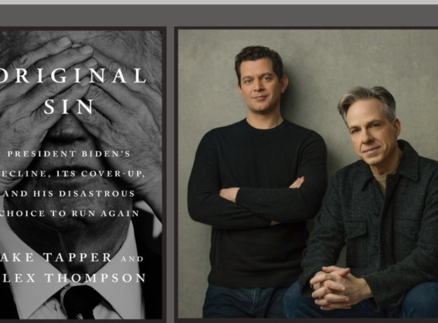 Book cover titled "Original Sin" on the left. On the right, two people sit, one standing with arms crossed, conveying a serious tone.