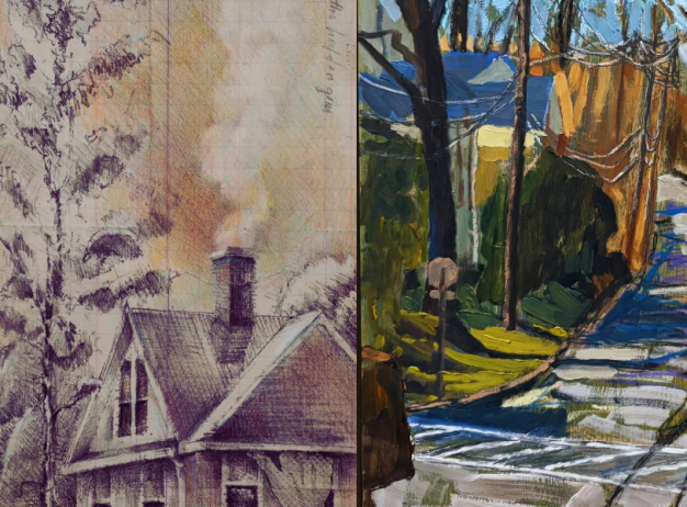 The image is a split view: the left shows a sepia-toned sketch of houses with smoke and trees, the right features a vibrant painting of a tree-lined street.