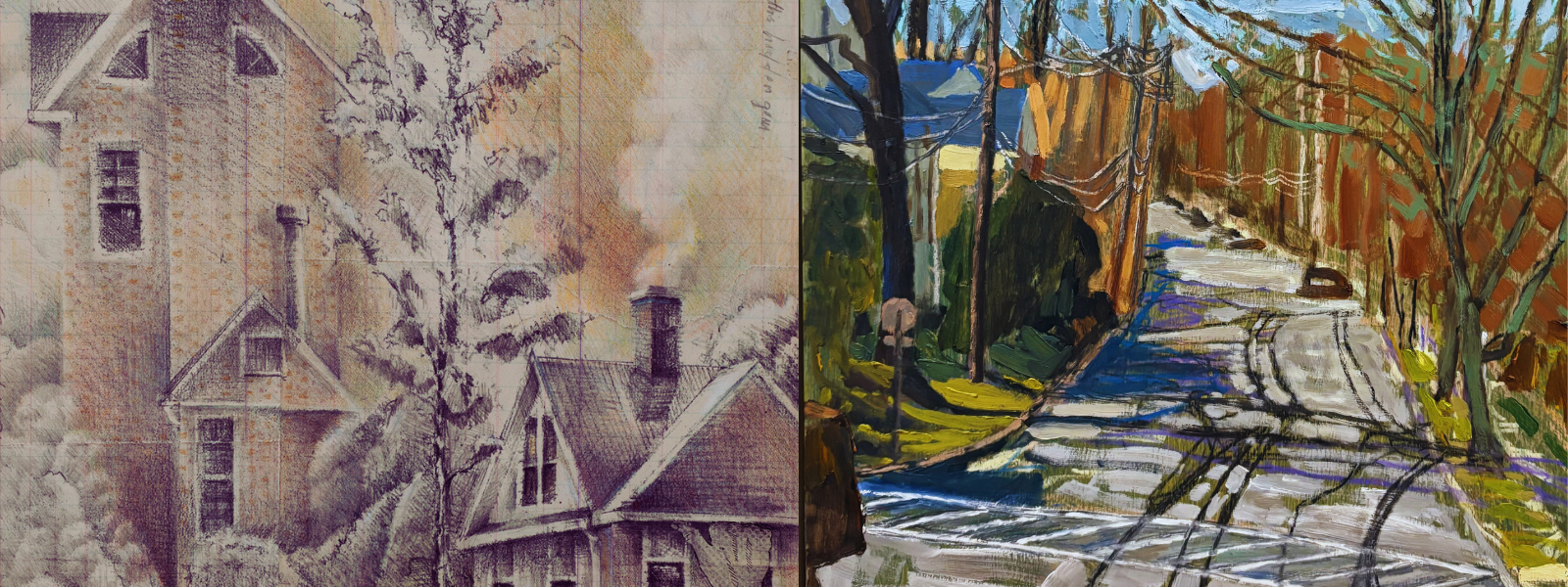 The image is a split view: the left shows a sepia-toned sketch of houses with smoke and trees, the right features a vibrant painting of a tree-lined street.