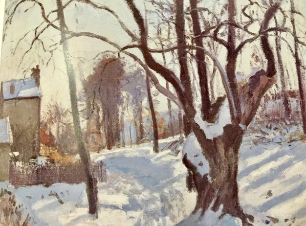 Winter landscape painting featuring snow-covered ground and bare trees casting shadows. A house is partially visible on the left, conveying a serene, cold atmosphere.