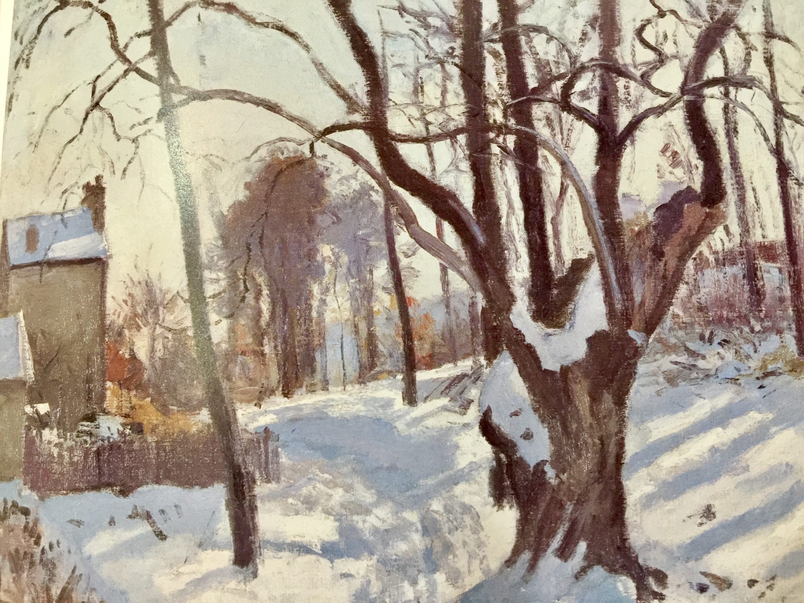 Winter landscape painting featuring snow-covered ground and bare trees casting shadows. A house is partially visible on the left, conveying a serene, cold atmosphere.
