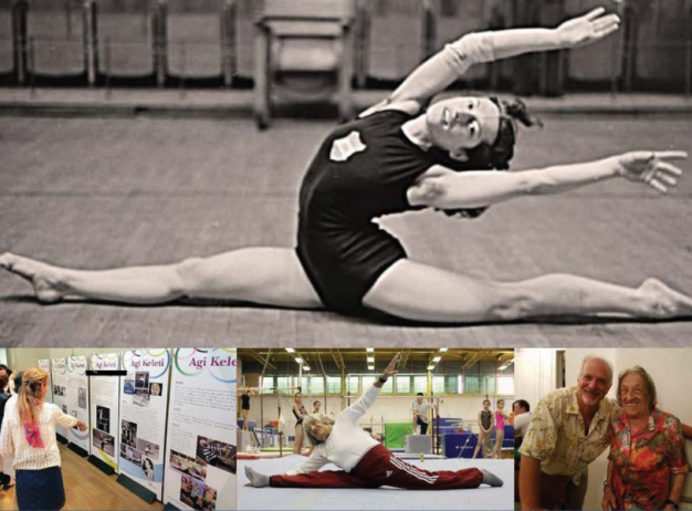 A gymnast in a leotard performs a split leap on a mat. Below, the same gymnast is seen older, interacting at an event, smiling with others.