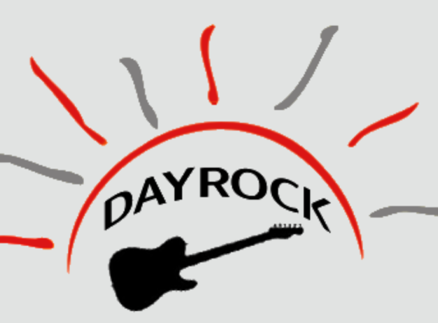 Logo with "DAYROCK" text above a black guitar silhouette, framed by red and grey sunrays, conveying a vibrant, music-themed design.