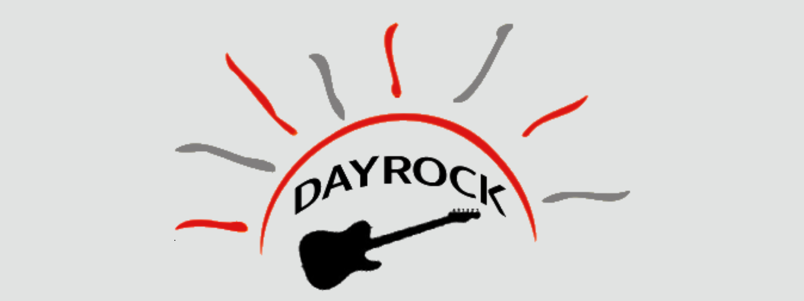 Logo with "DAYROCK" text above a black guitar silhouette, framed by red and grey sunrays, conveying a vibrant, music-themed design.