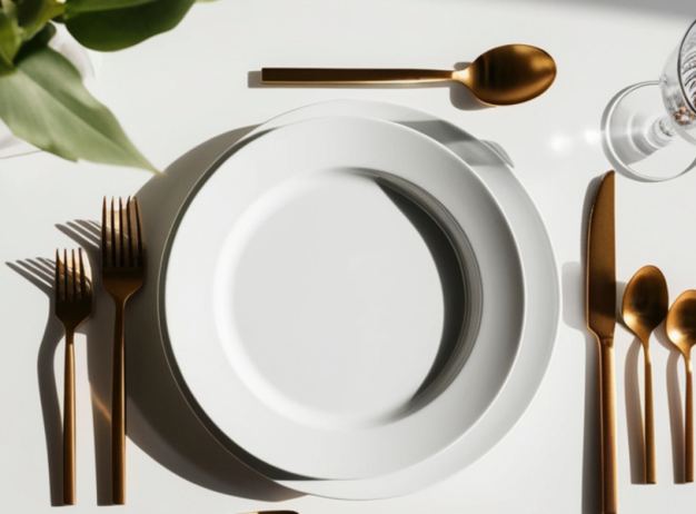 Elegant table setting with a white plate, gold utensils, and a wine glass on a white table. A plant with flowers adds a touch of green and warmth.