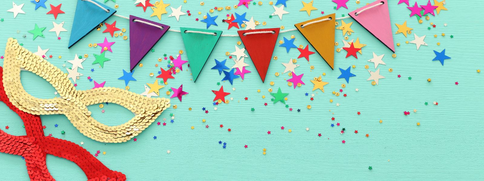 Festive image with colorful triangular banners and vibrant star-shaped confetti on a turquoise background. Sequined gold and red masks add a celebratory feel.