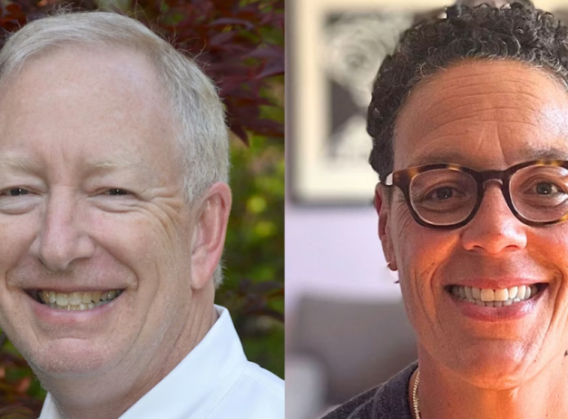 Two individuals smiling warmly; the first person is set outdoors with foliage, while the second person, wearing glasses, is indoors with artwork in the background.