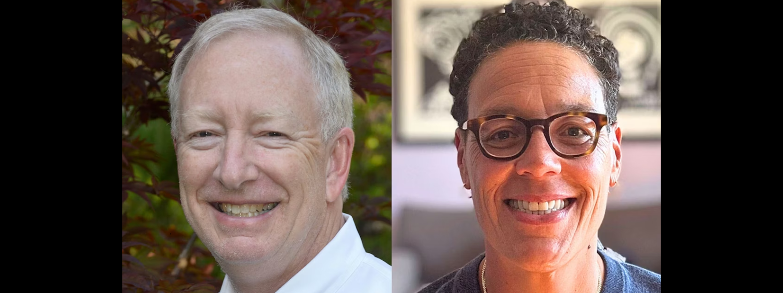 Two individuals smiling warmly; the first person is set outdoors with foliage, while the second person, wearing glasses, is indoors with artwork in the background.